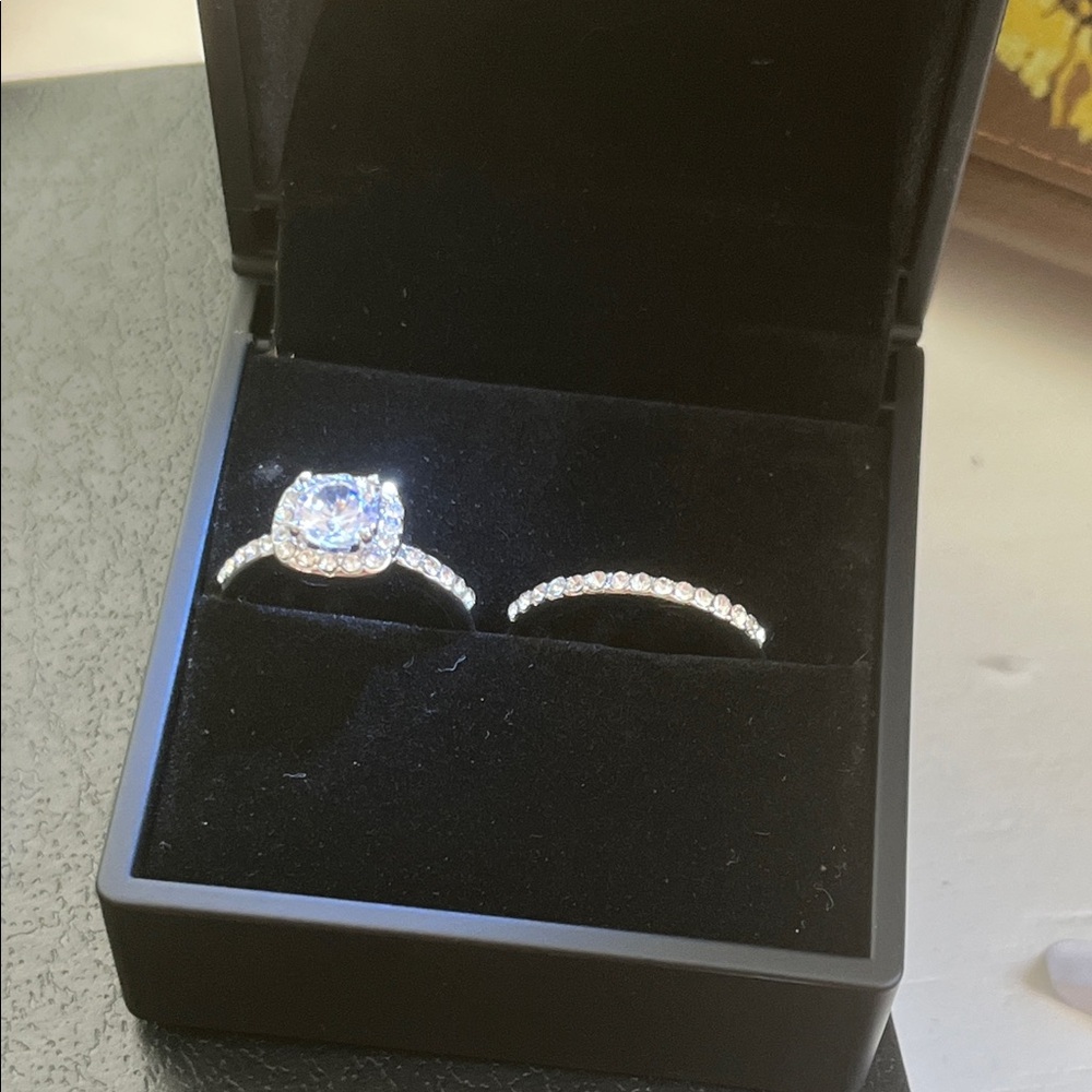 Silver CZ Halo Engagement Ring Set - White